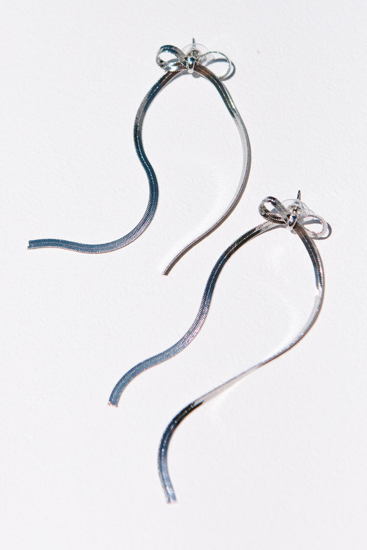 Silver Long Herringbone Bow Earrings