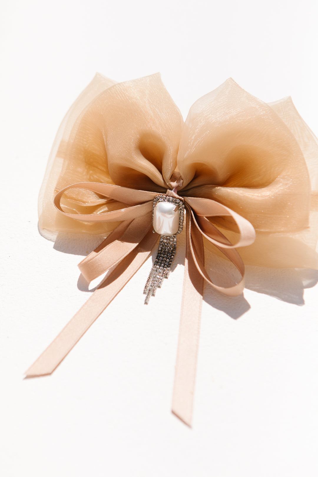 Tan Pearl Bow Scrunchie