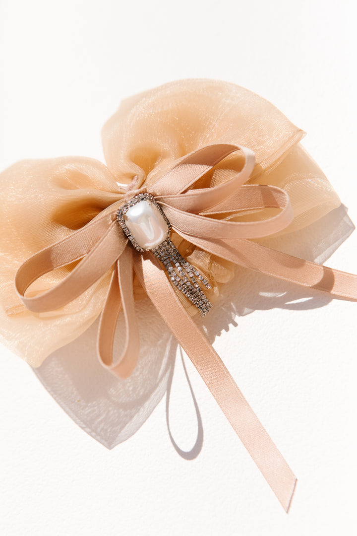 Tan Pearl Bow Scrunchie