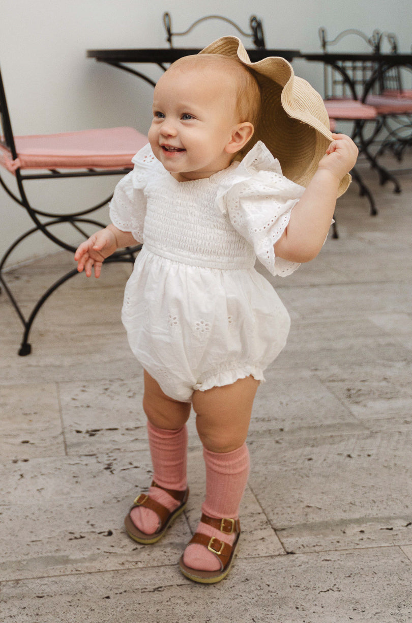 Baby Janie Romper in White Eyelet