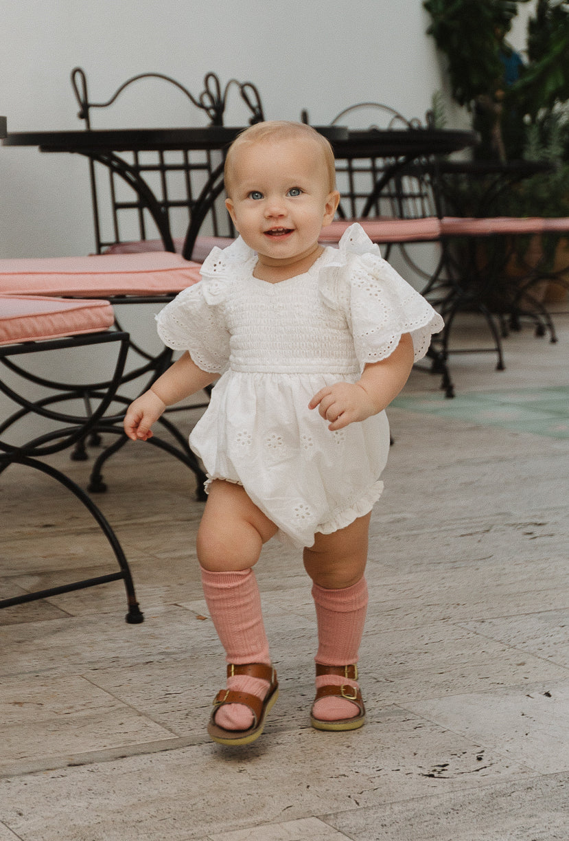 Baby Janie Romper in White Eyelet