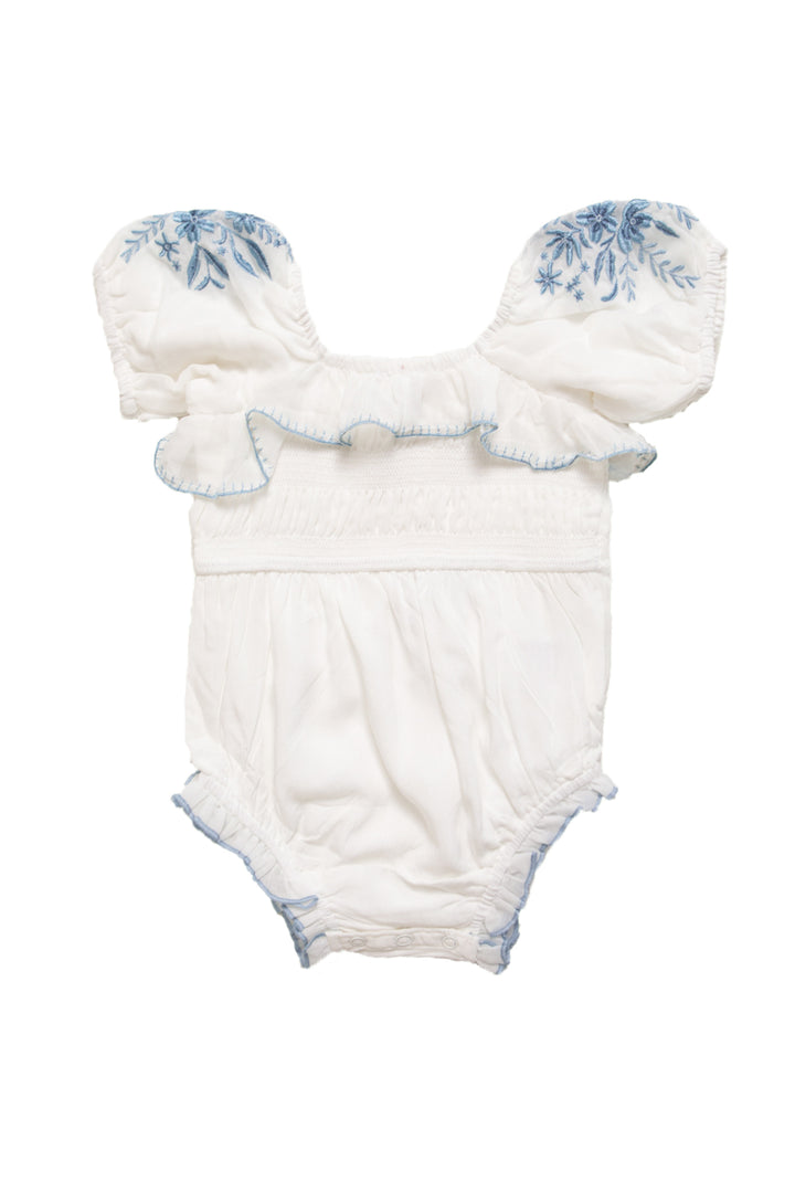 Baby Mae Romper in White with Blue Floral