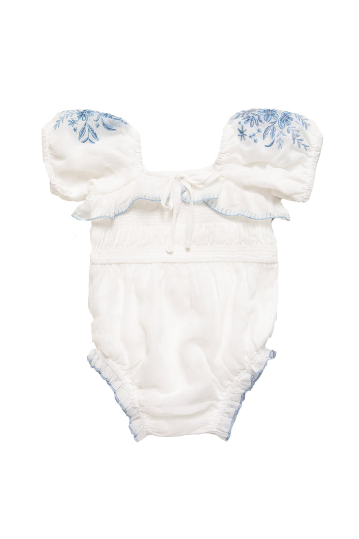 Baby Mae Romper in White with Blue Floral