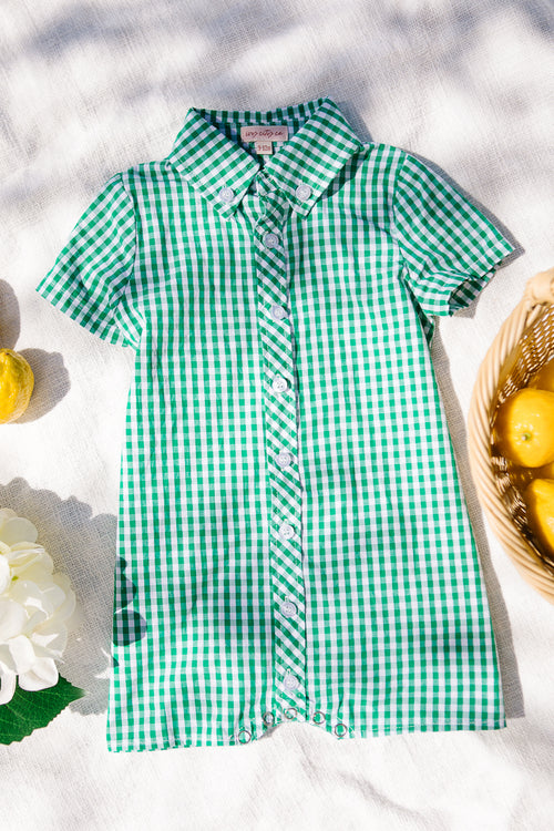 Baby Boy James Romper in Green Gingham - FINAL SALE