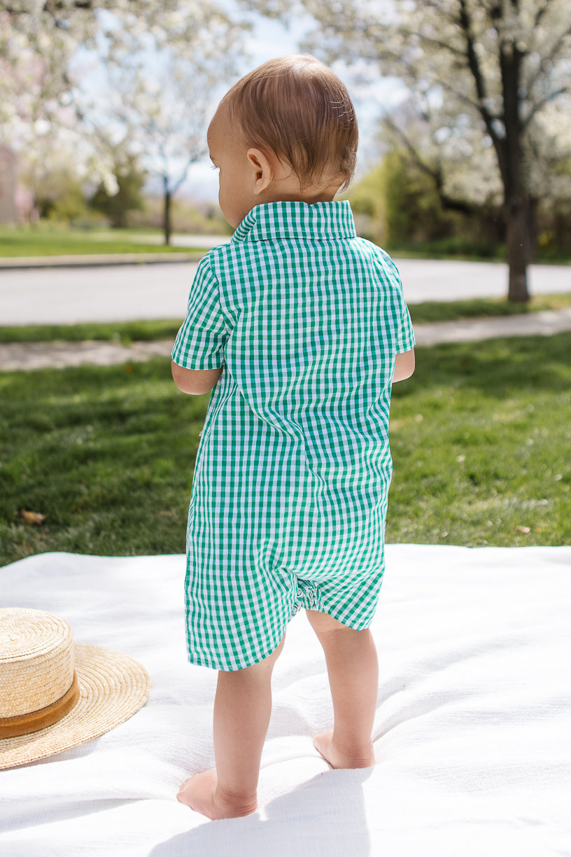 Baby Boy James Romper in Green Gingham - FINAL SALE