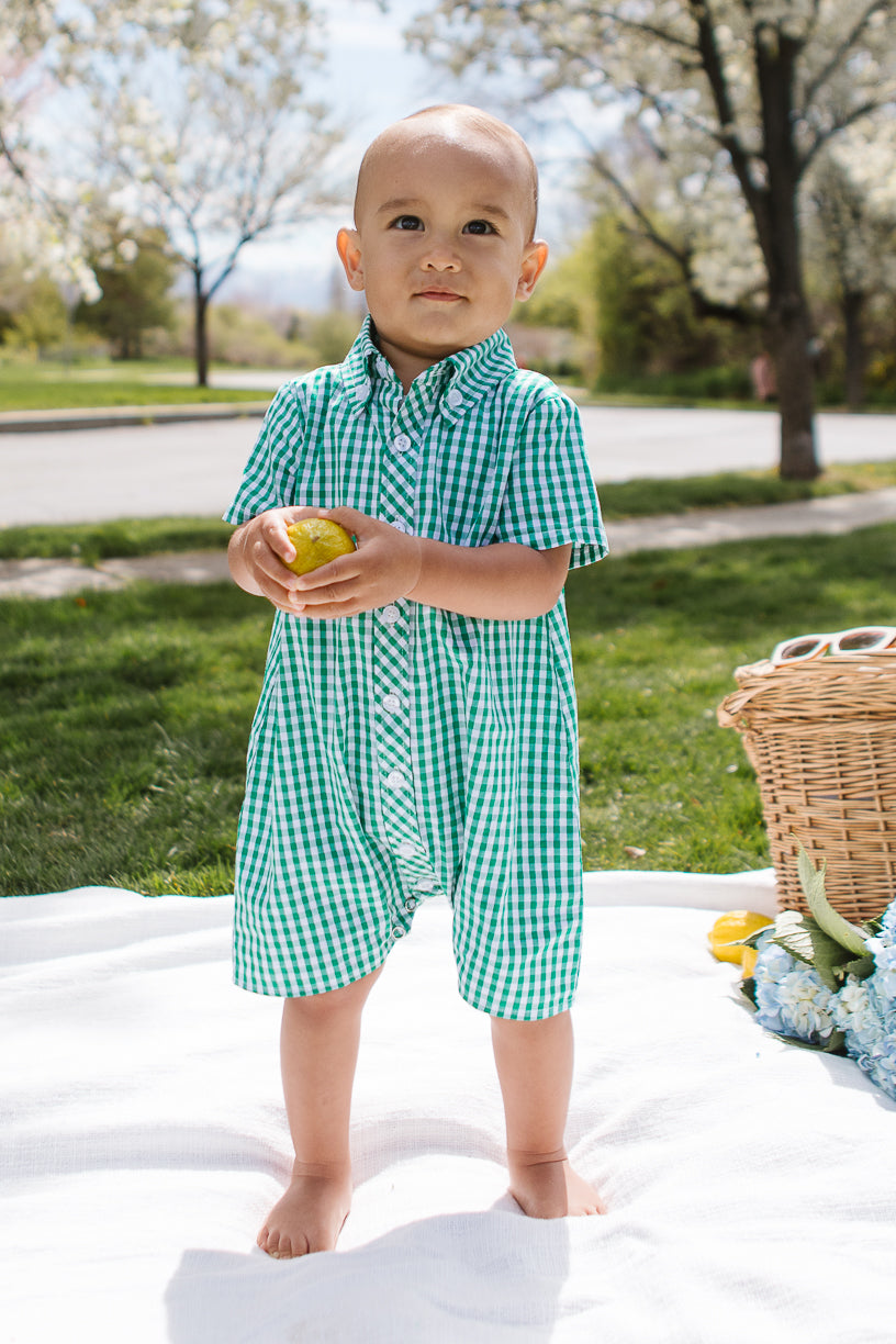 Baby Boy James Romper in Green Gingham - FINAL SALE