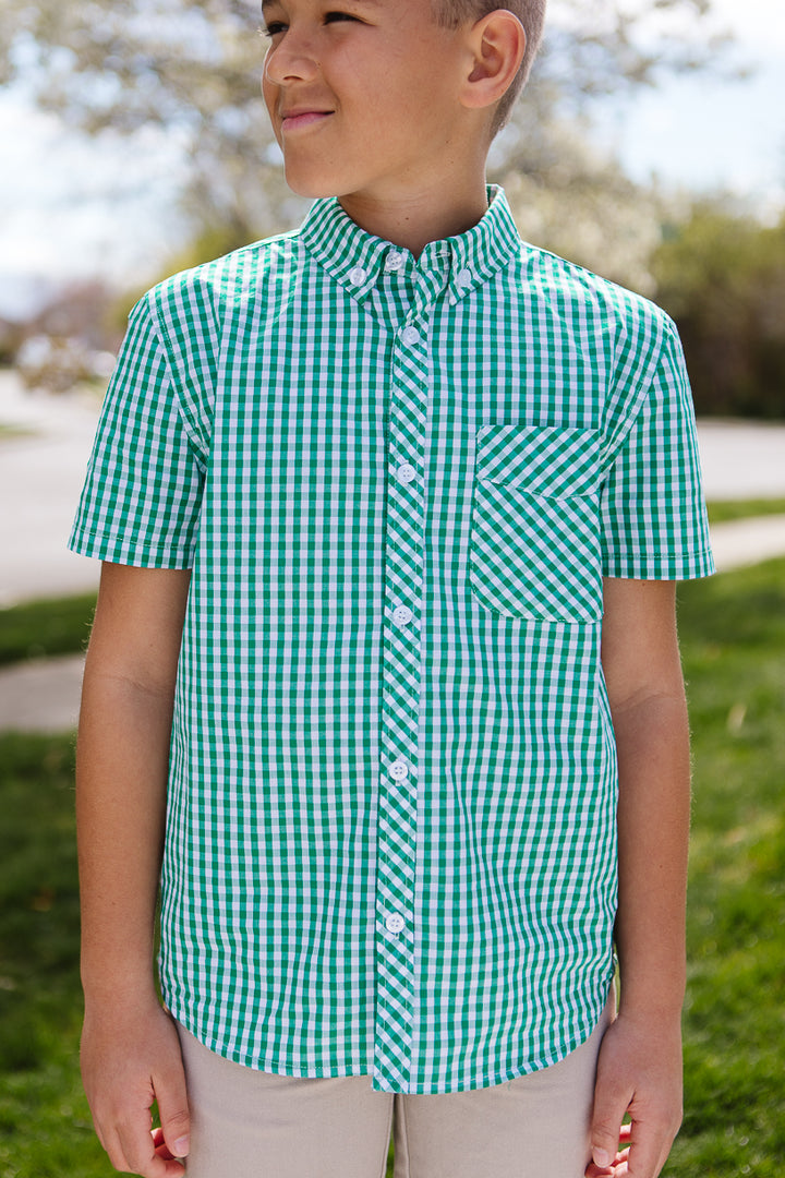 Boys James Shirt in Green Gingham - FINAL SALE