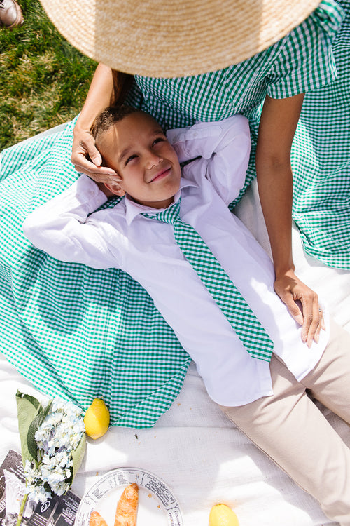 Boys Max Tie in Green Gingham - FINAL SALE