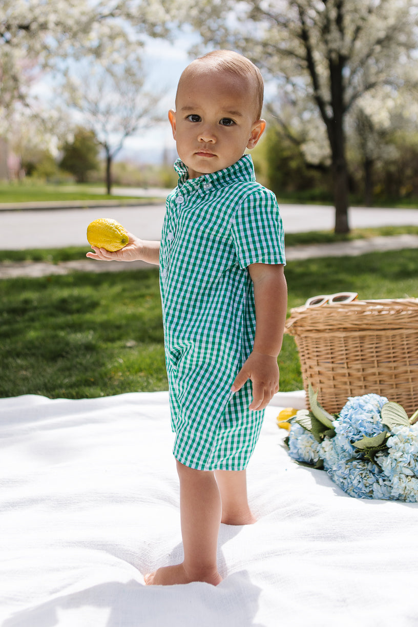 Baby Boy James Romper in Green Gingham - FINAL SALE