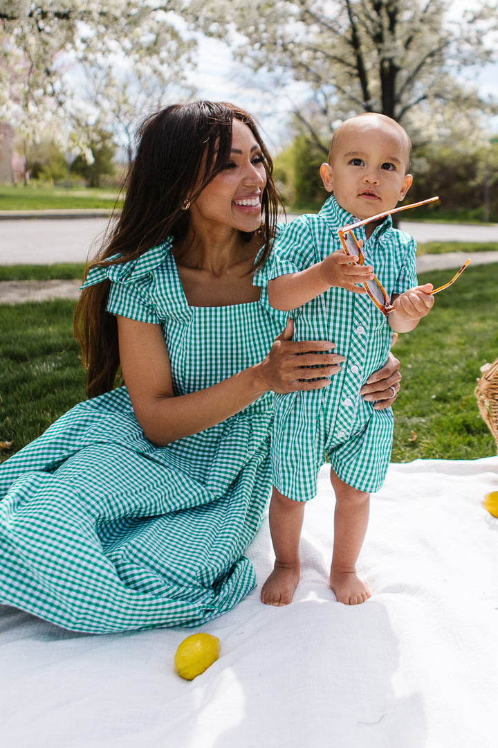 Baby Boy James Romper in Green Gingham - FINAL SALE