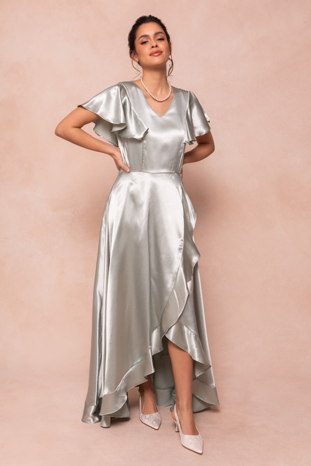 Callie Dress in Sage Satin