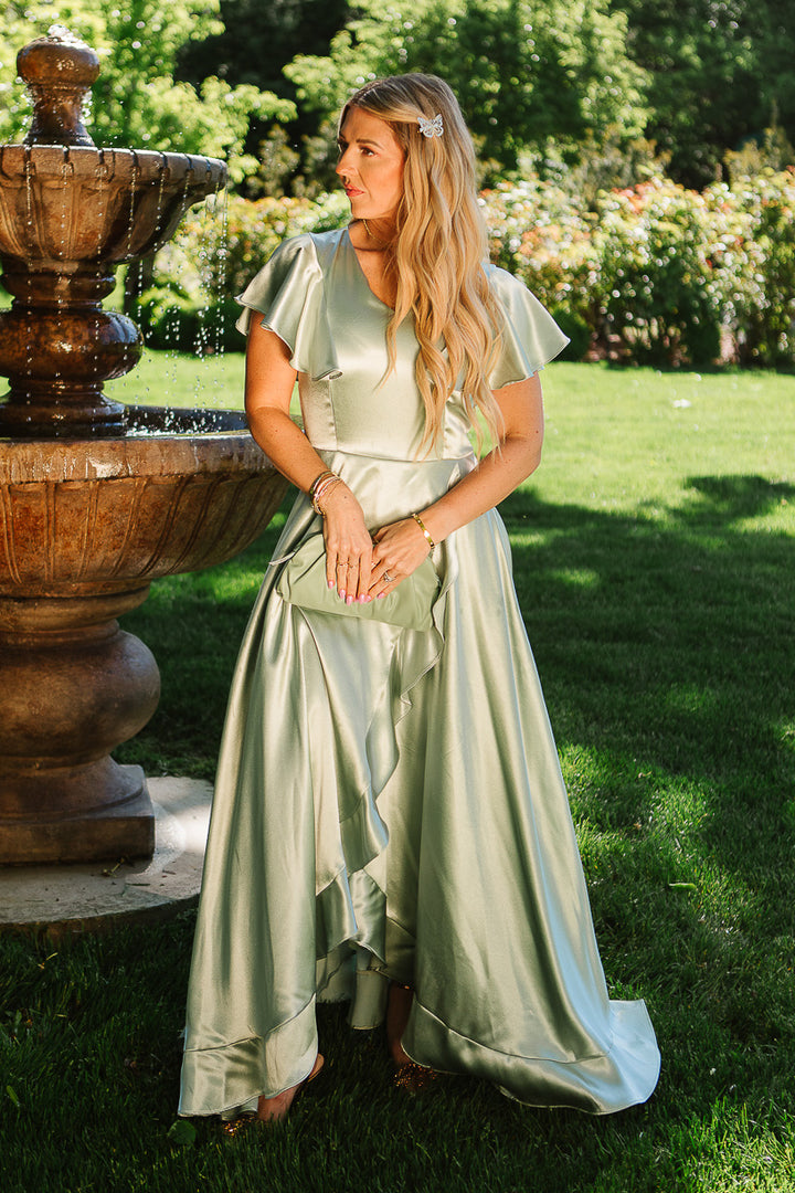 Callie Dress in Sage Satin