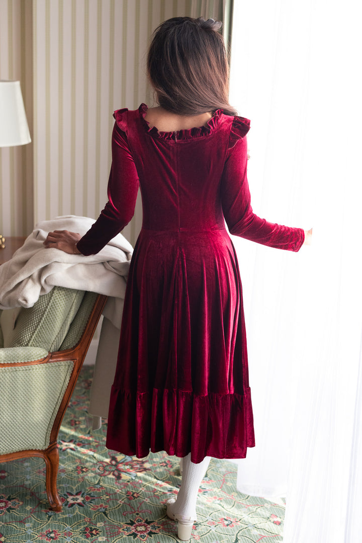 Cleopatra Flare Dress in Wine Velvet