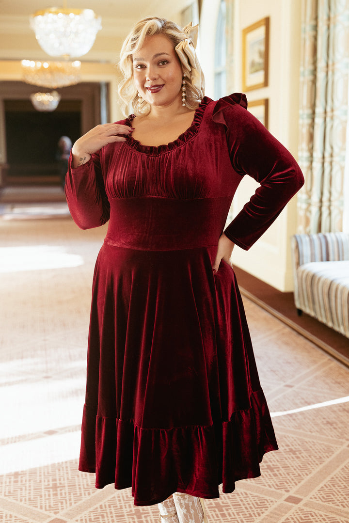 Cleopatra Flare Dress in Wine Velvet