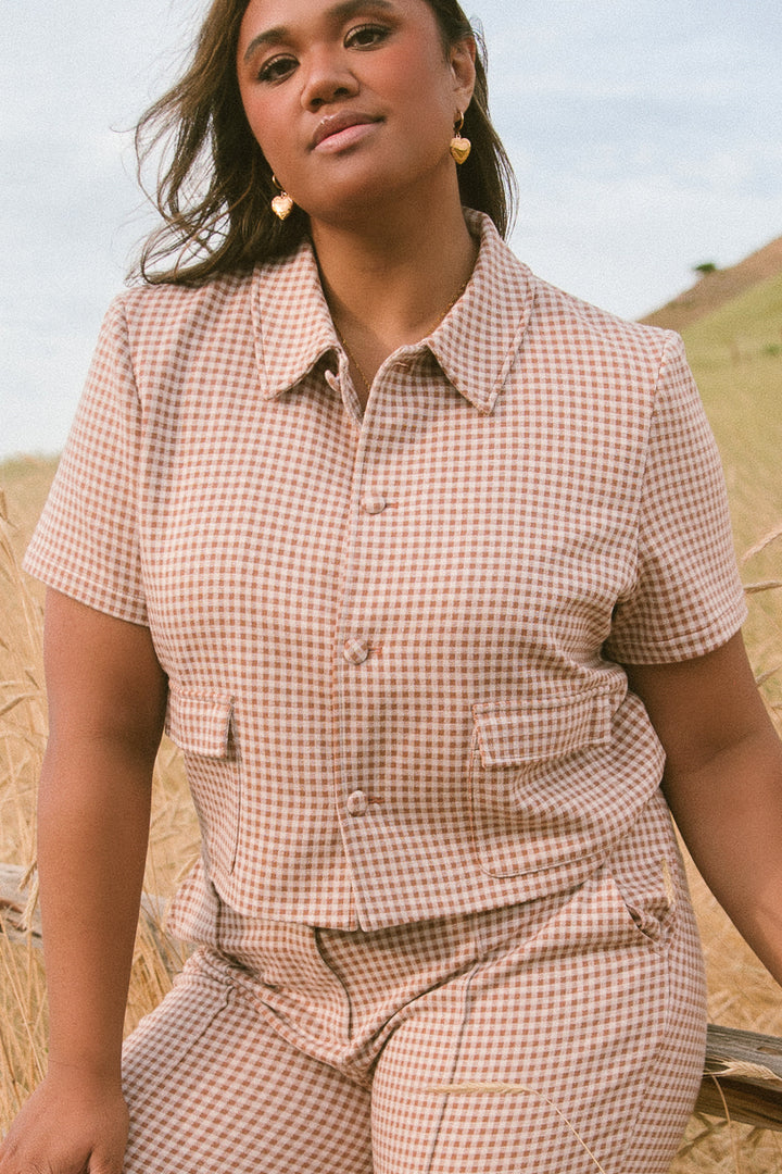 Drew Blouse in Tan Gingham - FINAL SALE