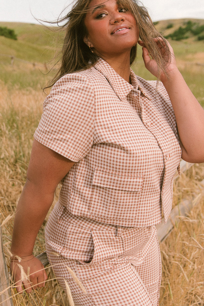 Drew Blouse in Tan Gingham - FINAL SALE