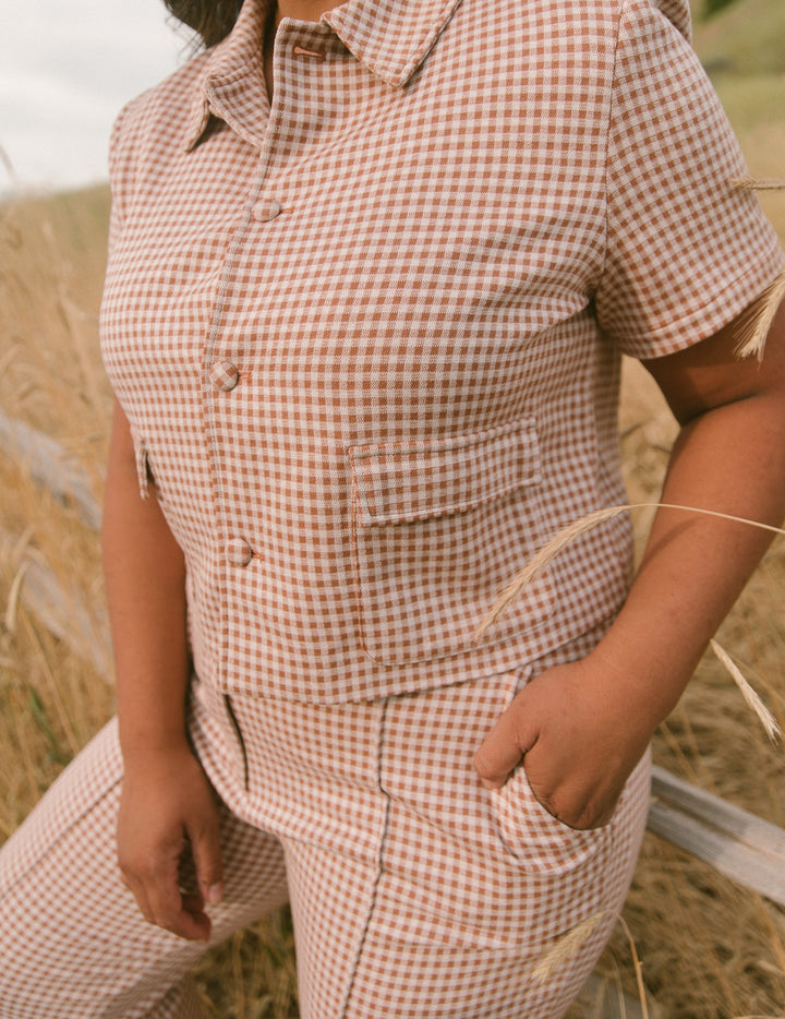 Drew Blouse in Tan Gingham - FINAL SALE