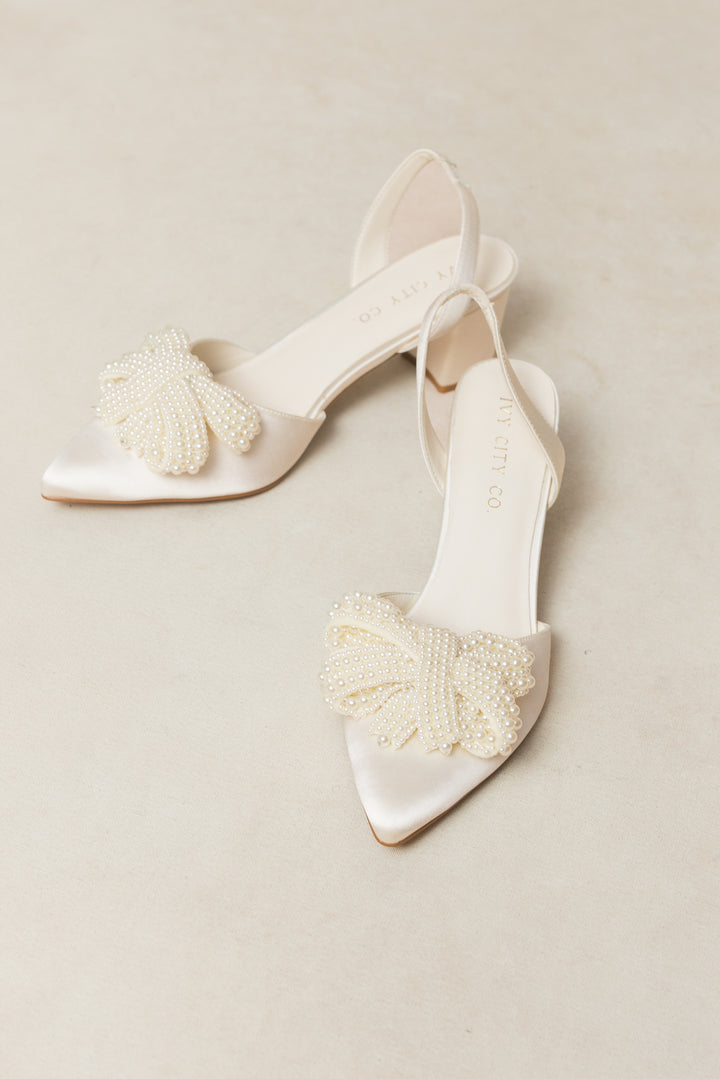 Eloise Pearl Bow Heel in Ivory