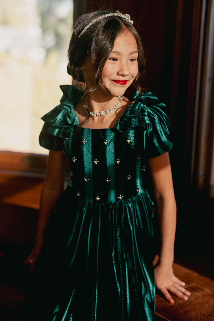 Mini Tiara Dress in Green Velvet - FINAL SALE