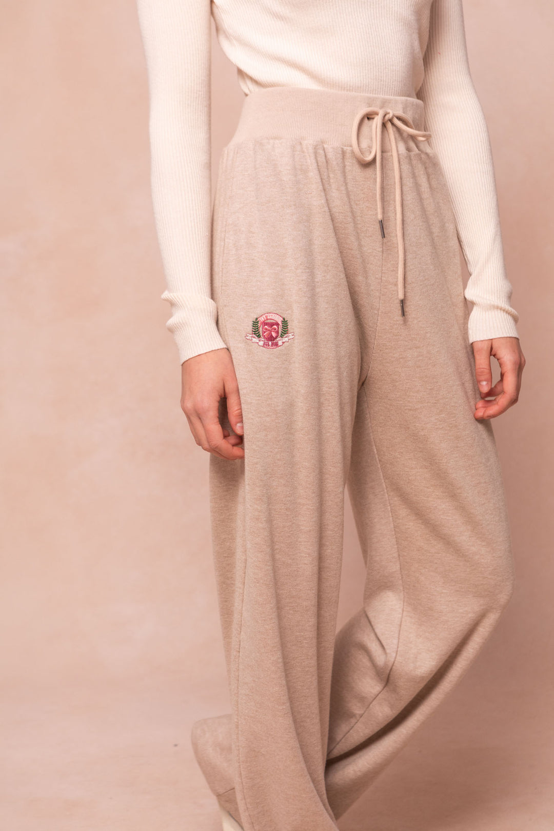 Ivy Wide Leg Embroidered Sweatpants in Oatmeal