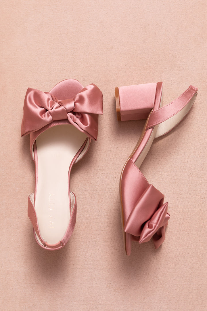 Ivy Bow Heel in Pink Satin