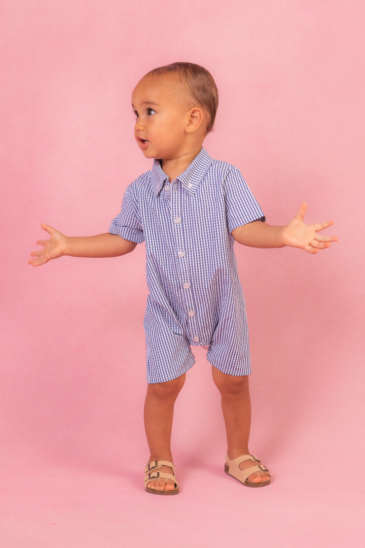 Baby Boy James Romper in Blue Gingham - FINAL SALE