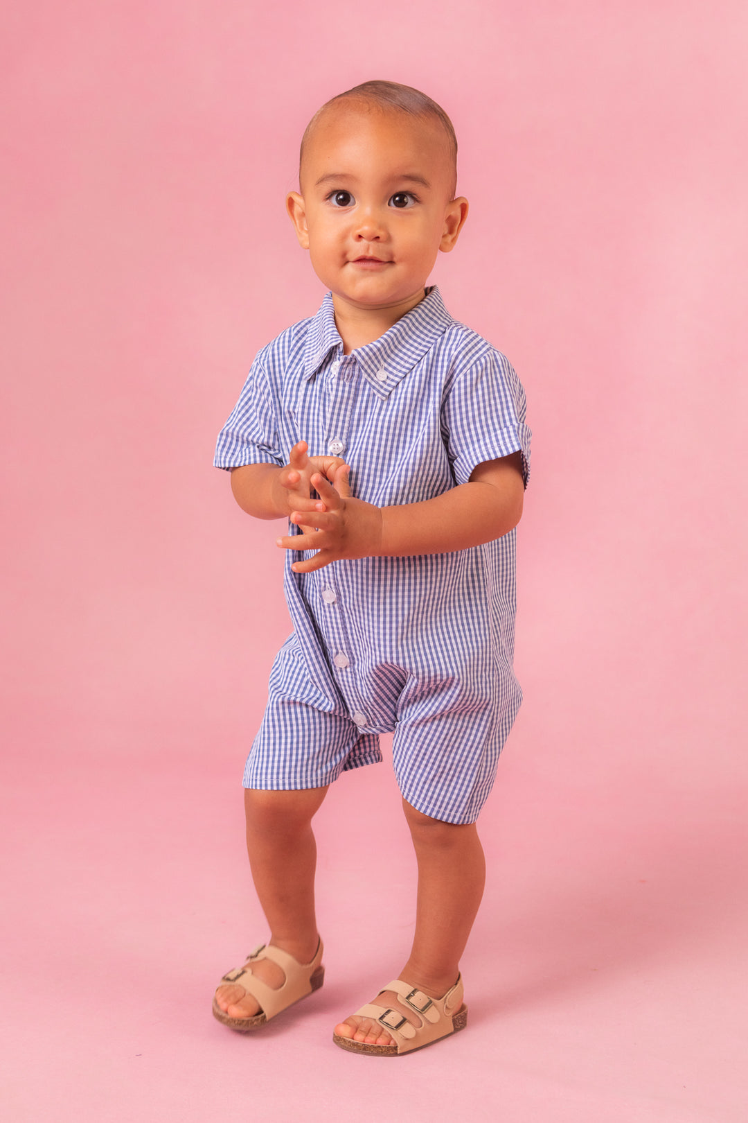 Baby Boy James Romper in Blue Gingham - FINAL SALE