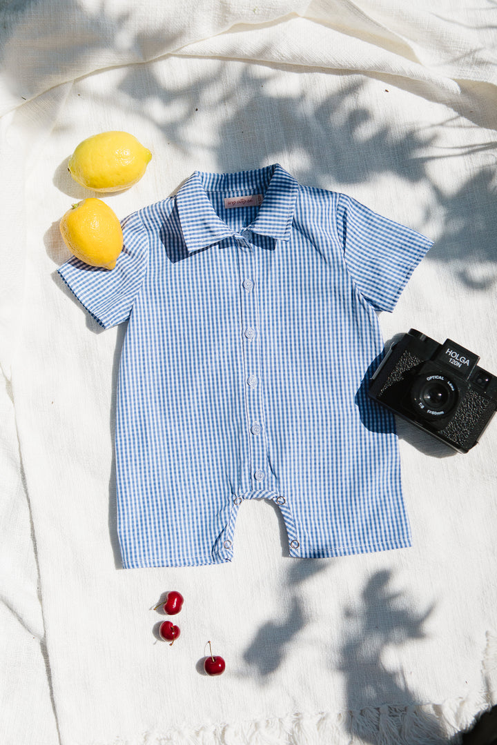 Baby Boy James Romper in Blue Gingham - FINAL SALE