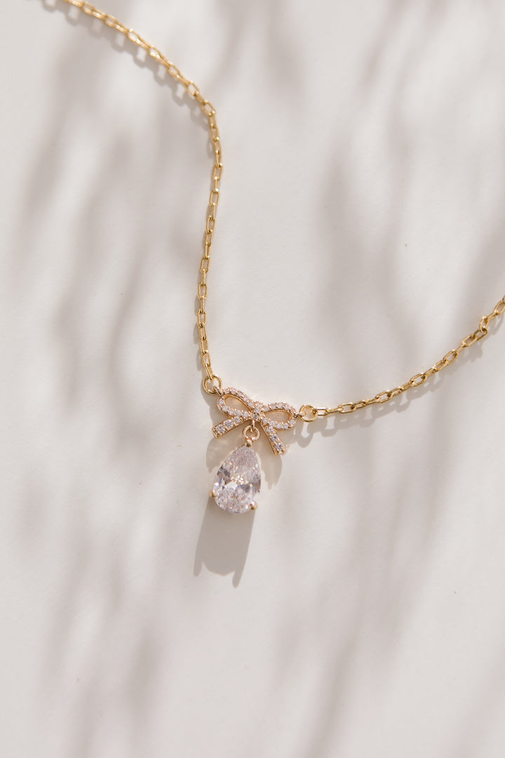 Jewel Bow Tear Drop Necklace in Crystal