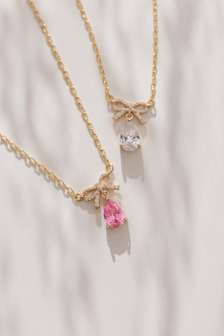 Jewel Bow Tear Drop Necklace in Blush