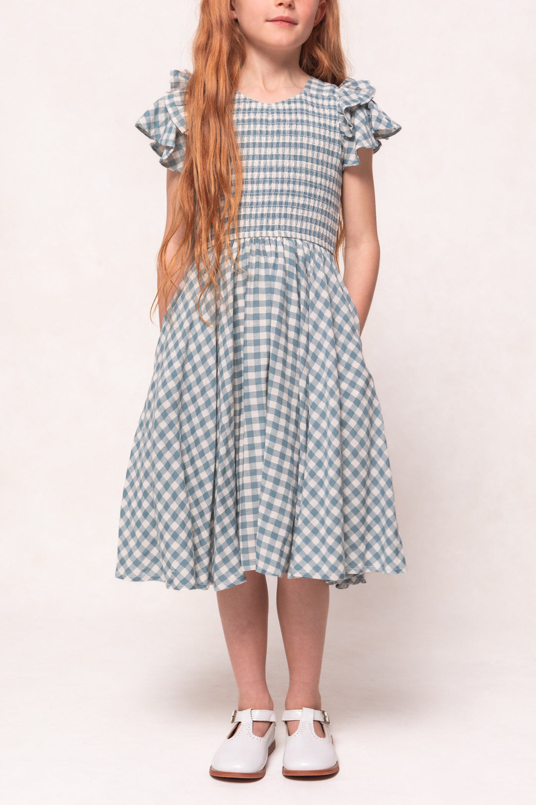Mini Hattie Dress in Dusty Teal Gingham