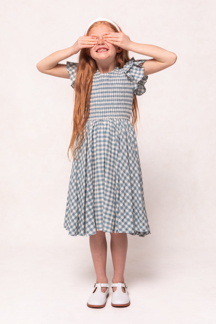 Mini Hattie Dress in Dusty Teal Gingham