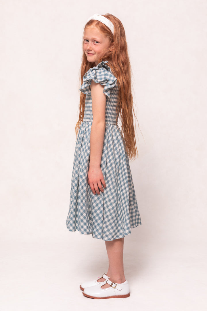 Mini Hattie Dress in Dusty Teal Gingham