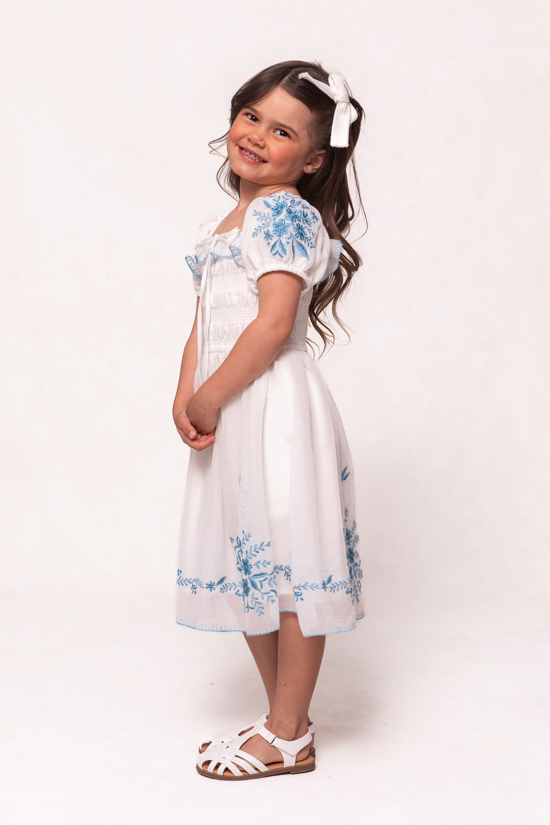 Mini Mae Dress in White with Blue Floral