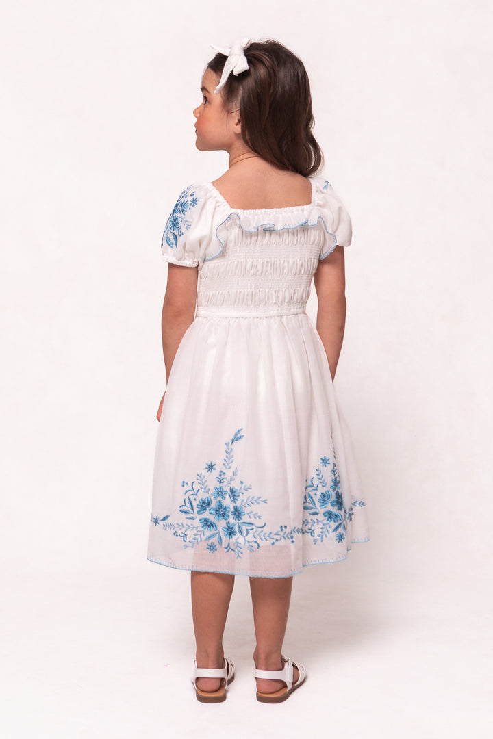 Mini Mae Dress in White with Blue Floral