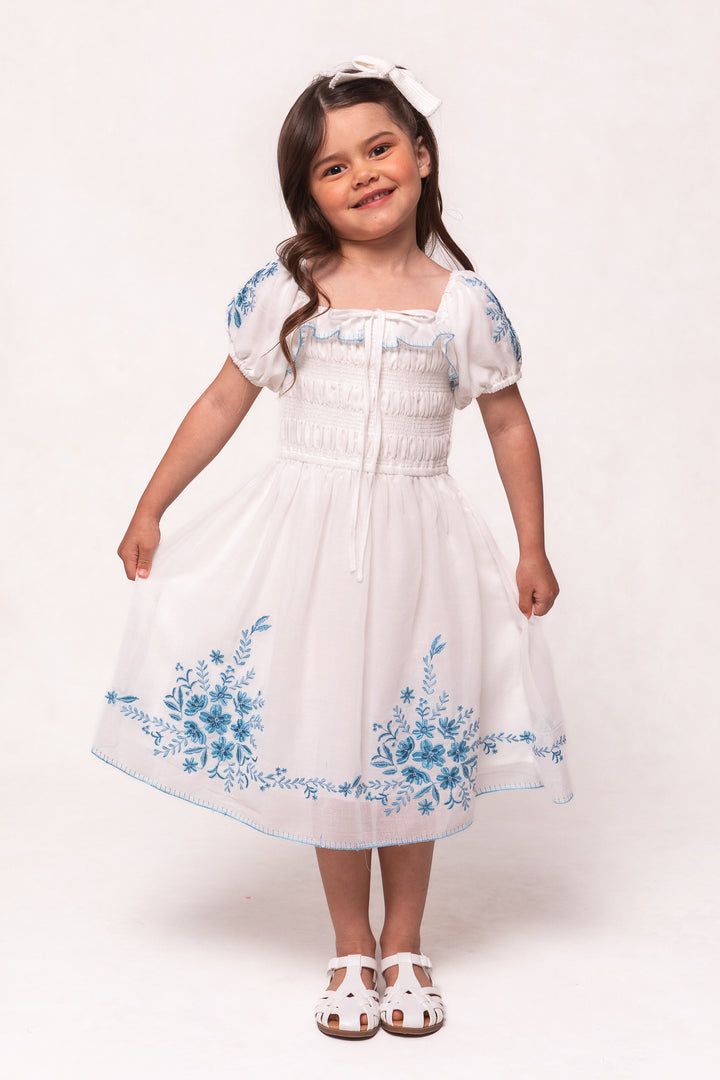 Mini Mae Dress in White with Blue Floral