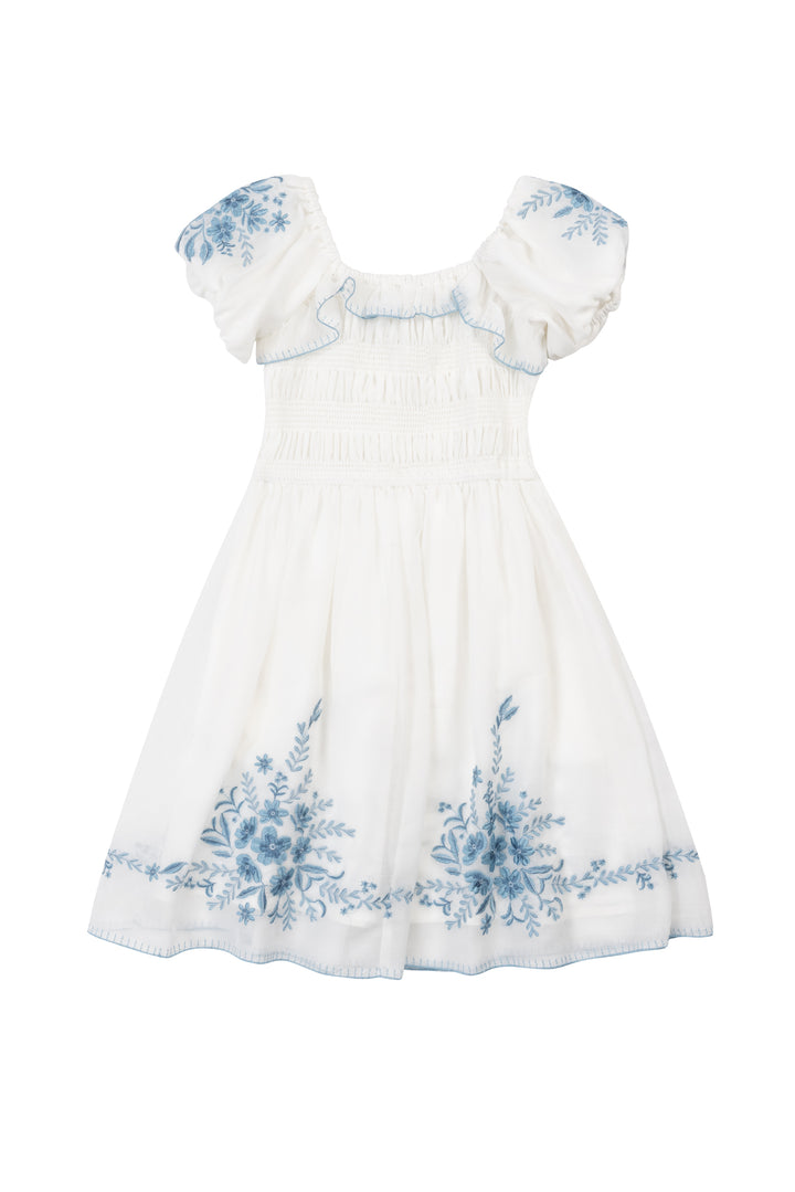 Mini Mae Dress in White with Blue Floral
