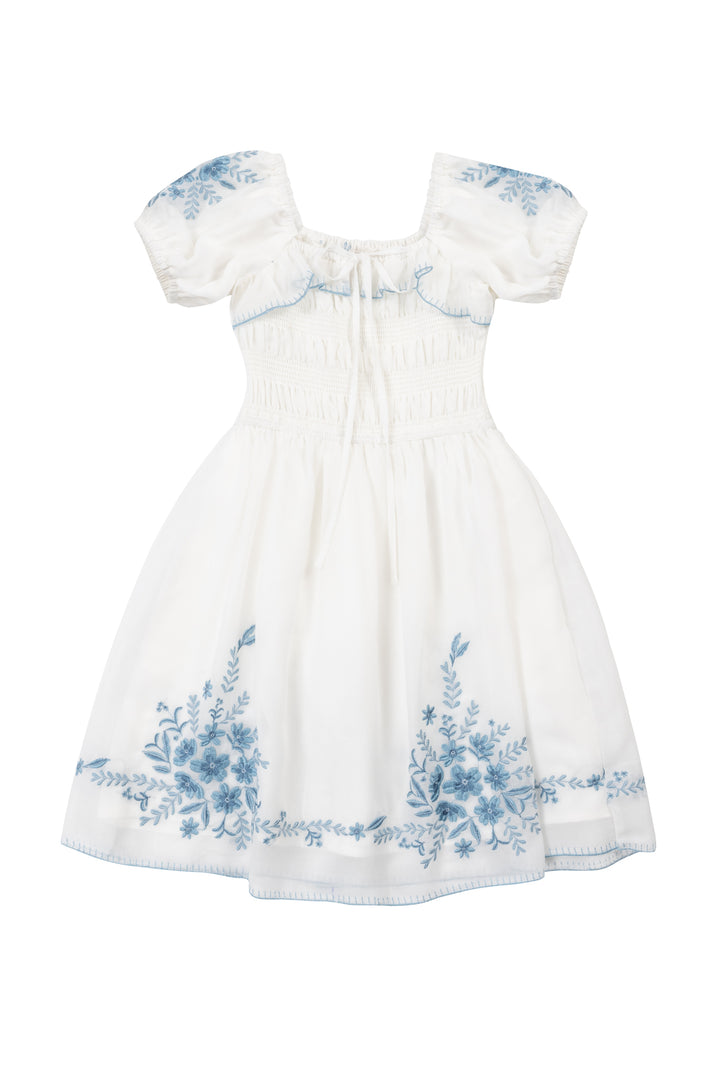 Mini Mae Dress in White with Blue Floral