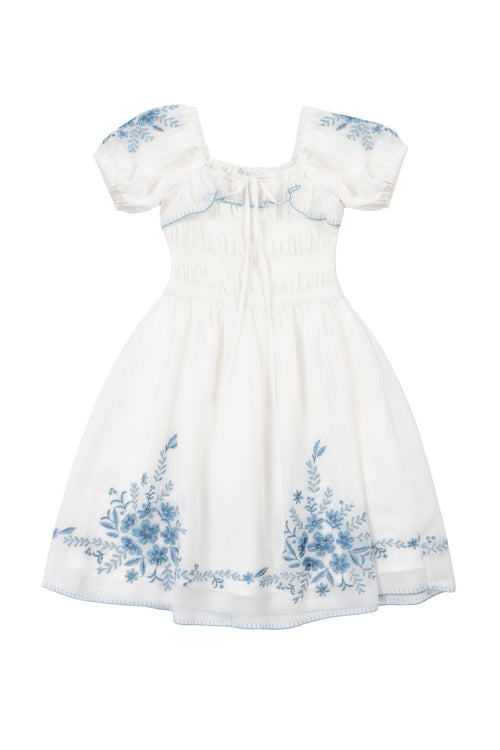 Mini Mae Dress in White with Blue Floral
