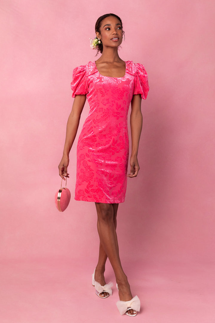 Nina Bow Dress in Pink Velvet-Adult