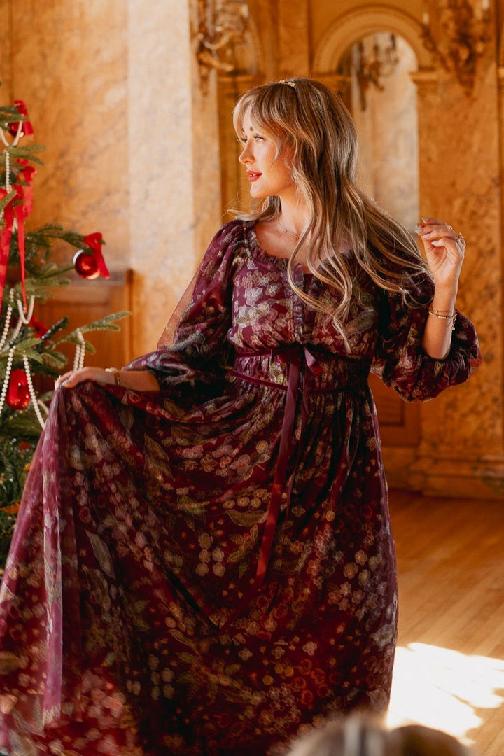 Persephone Dress in Maroon Floral - FINAL SALE