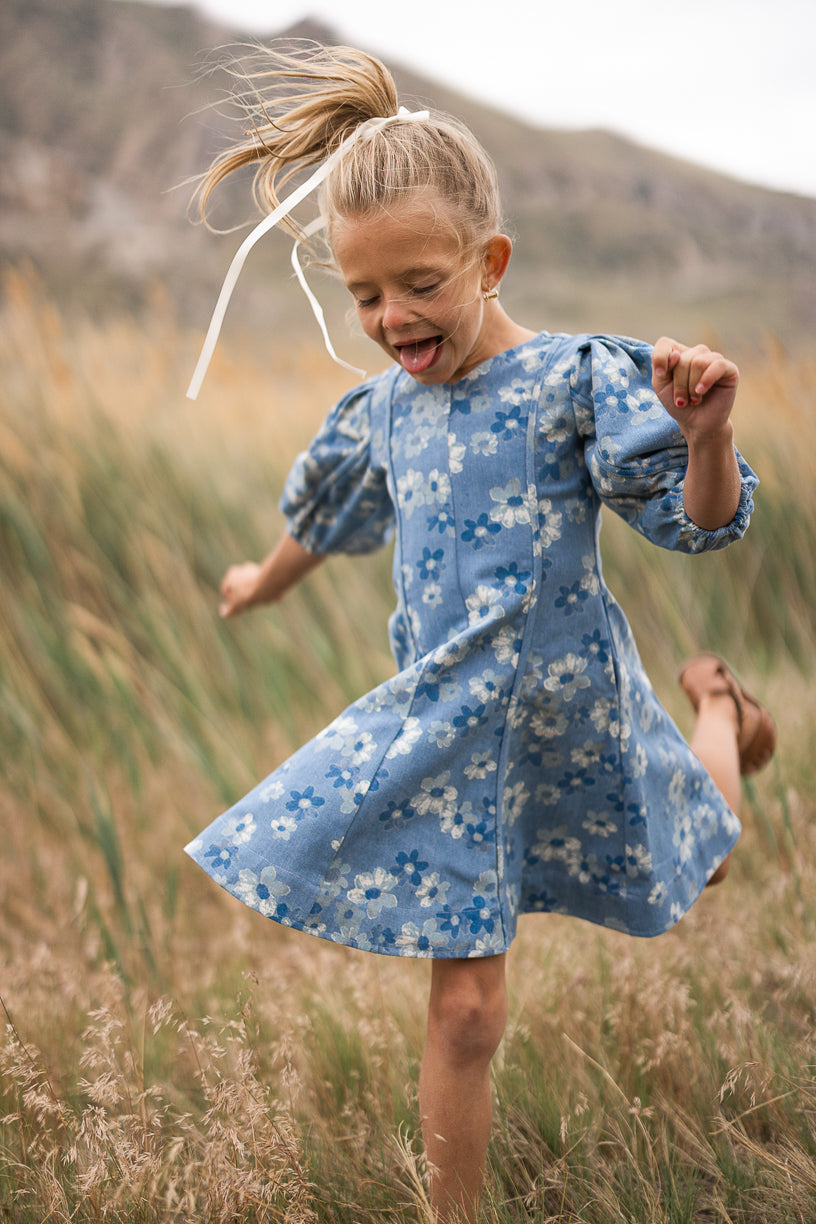 Mini Leah Dress in Floral Denim - FINAL SALE