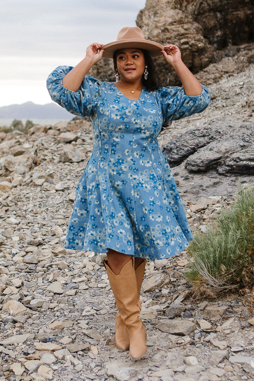 Leah Dress in Floral Denim - FINAL SALE