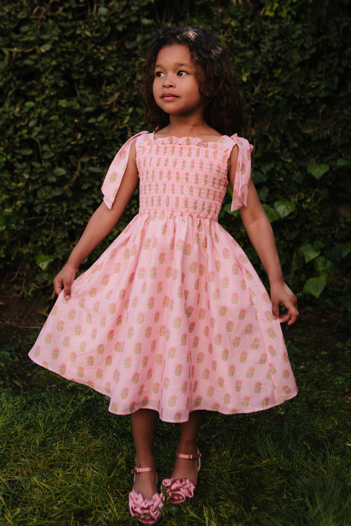 Mini Rayna Dress in Pink Block Print