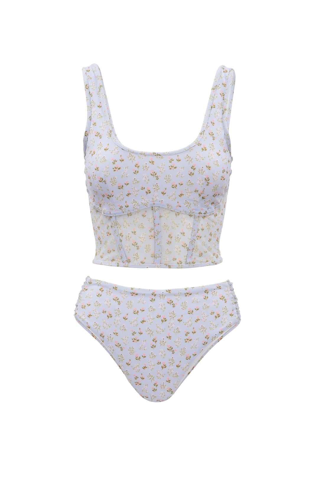 Mid Rise Ruched Bottom in Blue Ditsy Floral