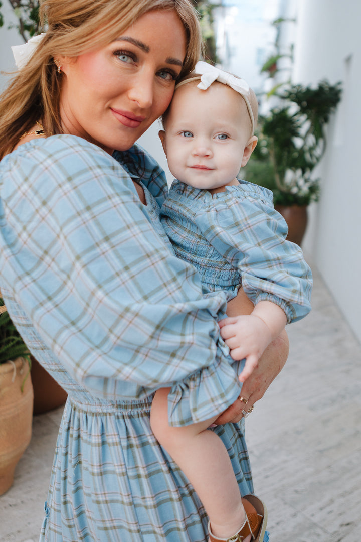 Baby Madeline Romper in Light Blue Plaid