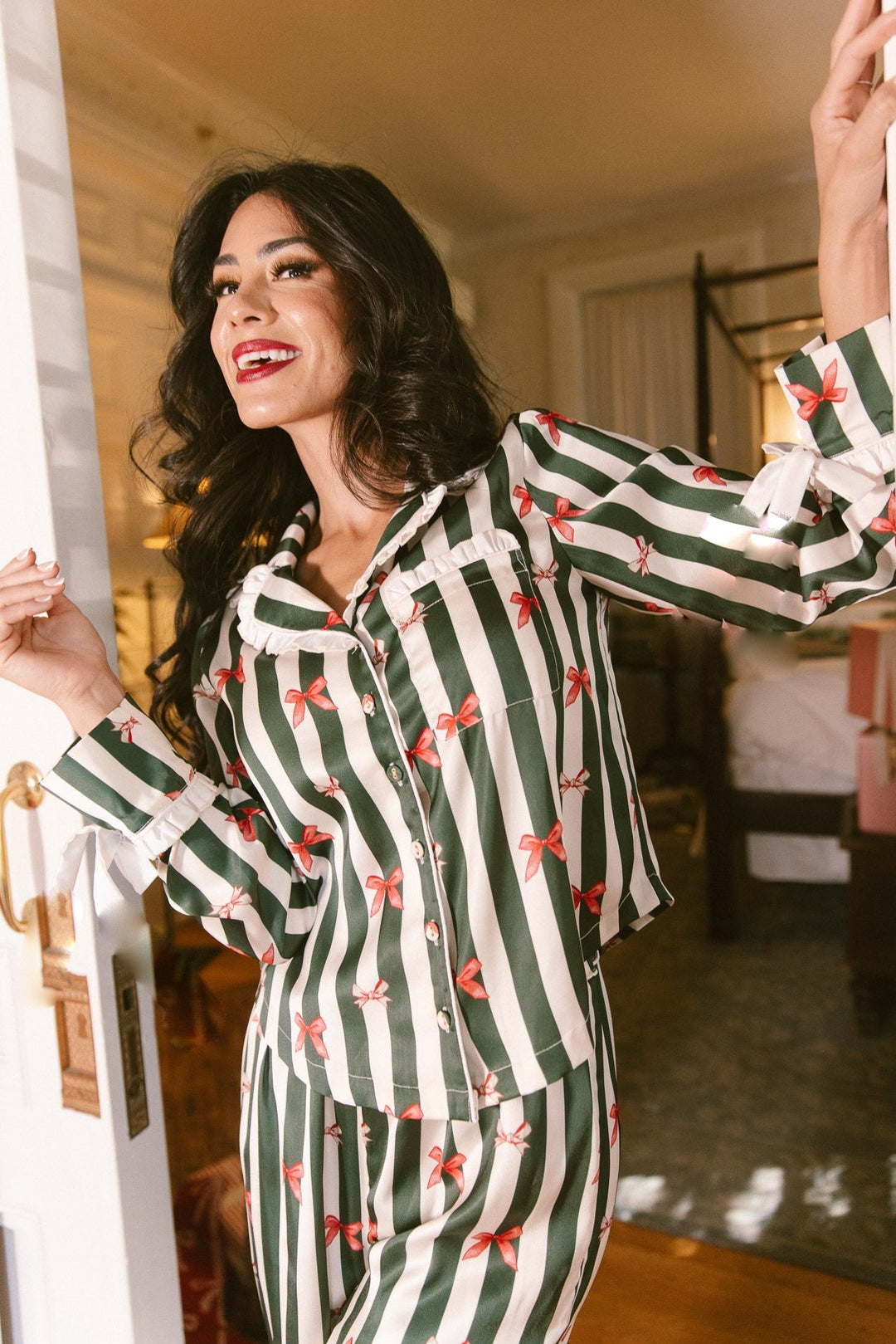 Sylvia Pajama Set in Bows and Stripes - FINAL SALE