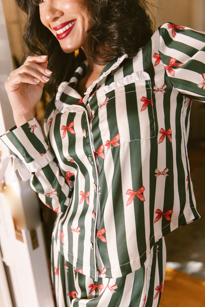 Sylvia Pajama Set in Bows and Stripes - FINAL SALE