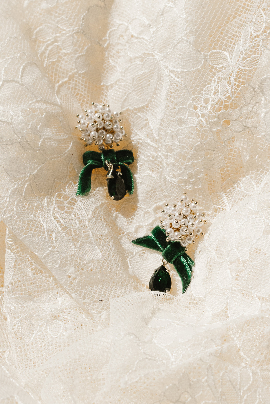 Velvet Bow and Pearl Drop Earrings in Emerald