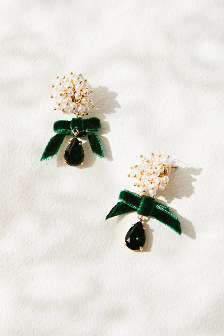 Velvet Bow and Pearl Drop Earrings in Emerald